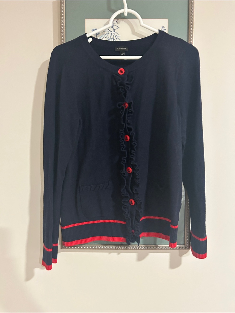 Talbots Navy Cardigan with Red Trim and Ruffle Front Buttons